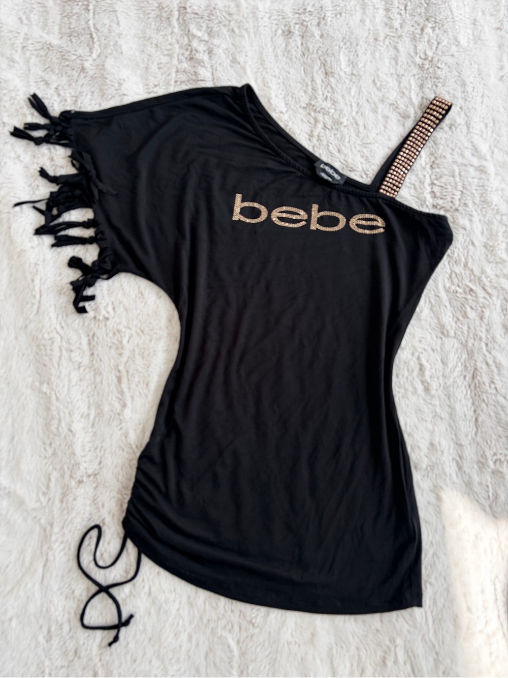 RARE Y2K Bebe Rhinestone Logo One Shoulder Fringe McBling Ruching Mini Dress Top